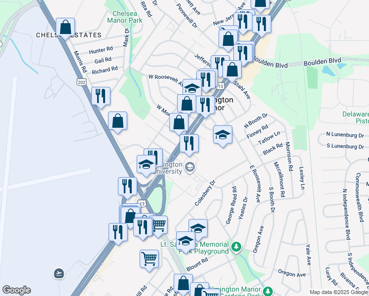 map of restaurants, bars, coffee shops, grocery stores, and more near 520 North Dupont Highway in Wilmington Manor