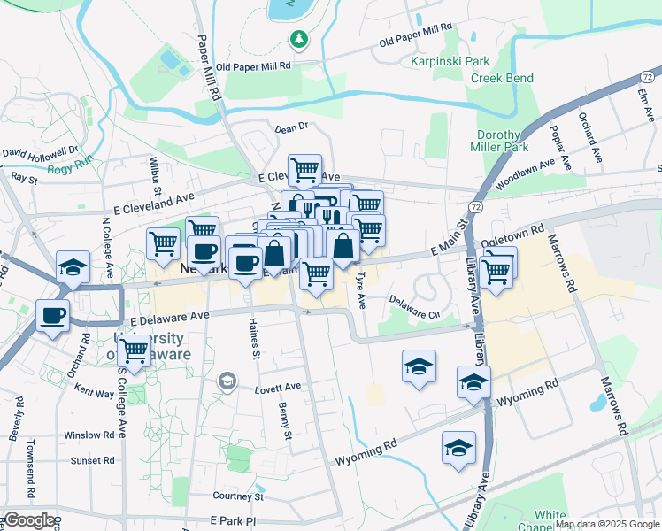 map of restaurants, bars, coffee shops, grocery stores, and more near 109 Newark Sc in Newark