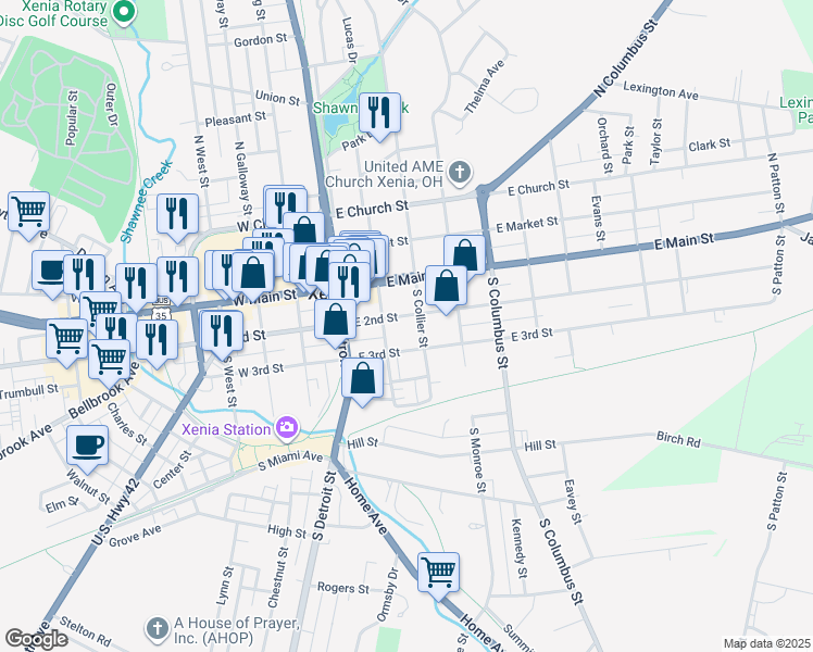 map of restaurants, bars, coffee shops, grocery stores, and more near 145 East 2nd Street in Xenia