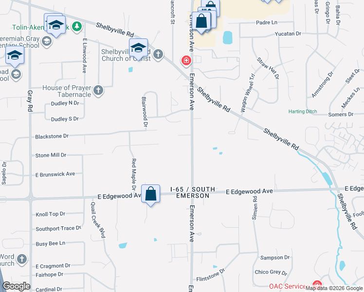 map of restaurants, bars, coffee shops, grocery stores, and more near 5740 South Emerson Avenue in Indianapolis