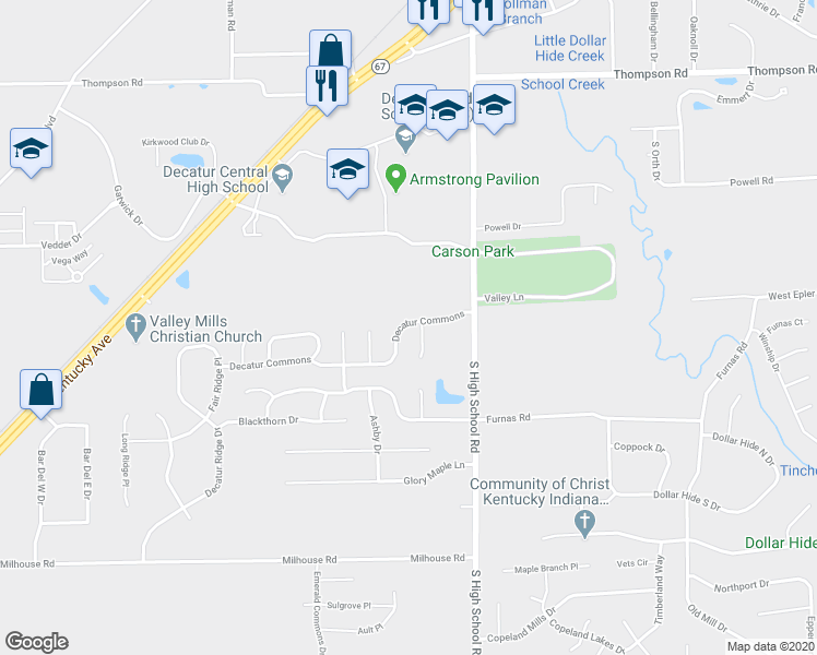 map of restaurants, bars, coffee shops, grocery stores, and more near 6428 Decatur Commons in Indianapolis