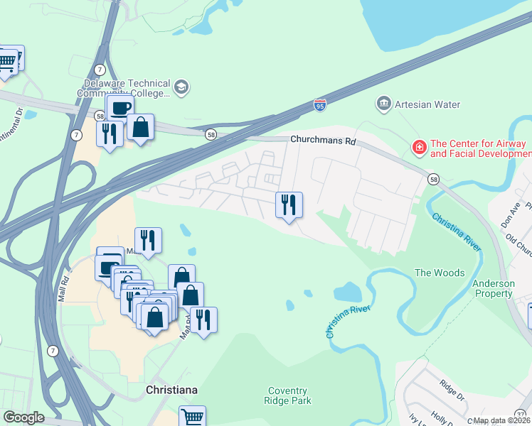map of restaurants, bars, coffee shops, grocery stores, and more near 24 Golf View Drive in Newark