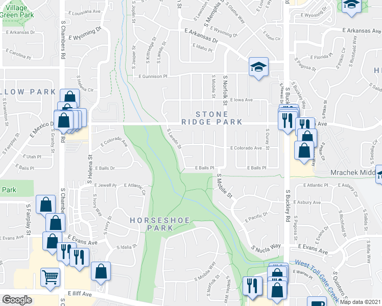 map of restaurants, bars, coffee shops, grocery stores, and more near 16193 East Utah Place in Aurora