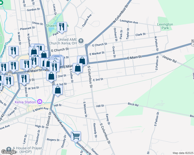 map of restaurants, bars, coffee shops, grocery stores, and more near 406 E 3rd St in Xenia