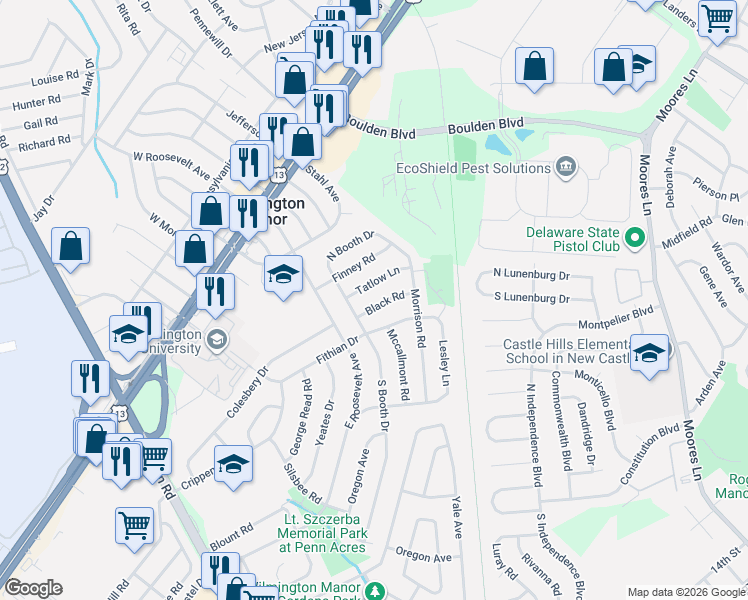map of restaurants, bars, coffee shops, grocery stores, and more near 12 Black Road in Wilmington Manor