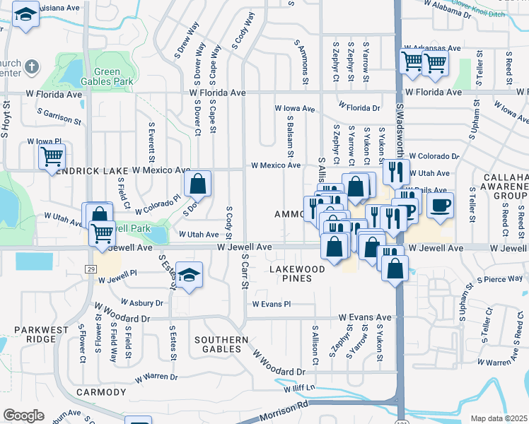 map of restaurants, bars, coffee shops, grocery stores, and more near 1805 South Balsam Street in Lakewood