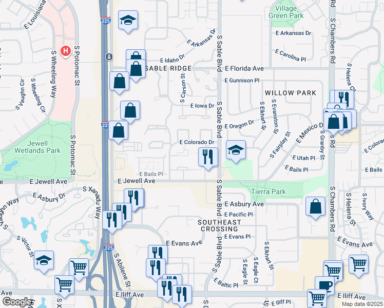 map of restaurants, bars, coffee shops, grocery stores, and more near 14152 East Colorado Drive in Aurora