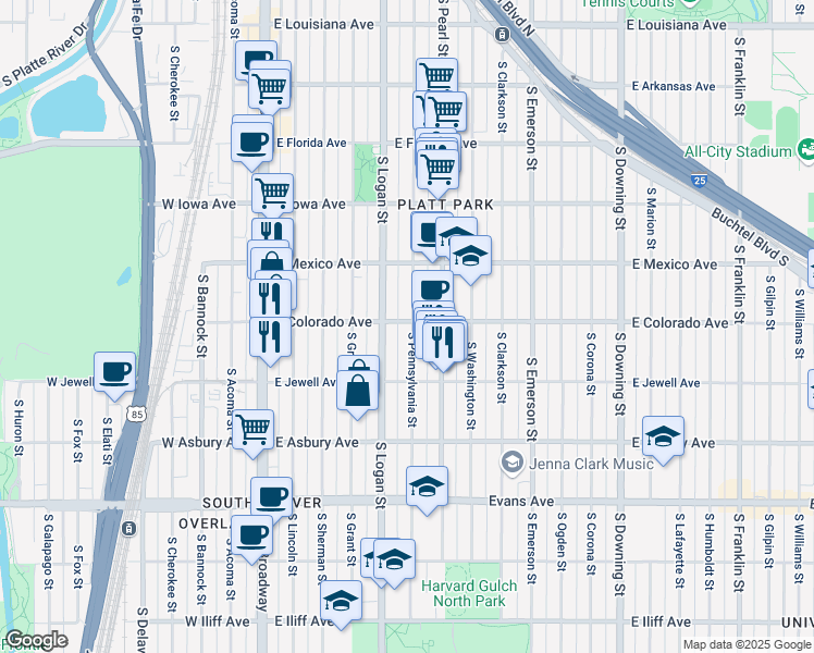 map of restaurants, bars, coffee shops, grocery stores, and more near 1801 South Pennsylvania Street in Denver