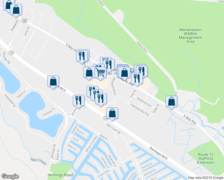 map of restaurants, bars, coffee shops, grocery stores, and more near 3 Bay Breeze Court in Stafford Township