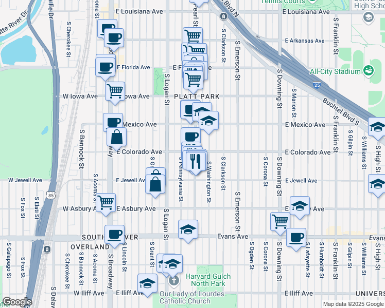 map of restaurants, bars, coffee shops, grocery stores, and more near 1801 South Pearl Street in Denver
