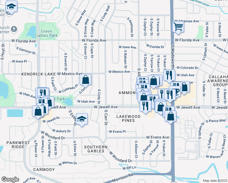 map of restaurants, bars, coffee shops, grocery stores, and more near 1805 South Balsam Street in Lakewood