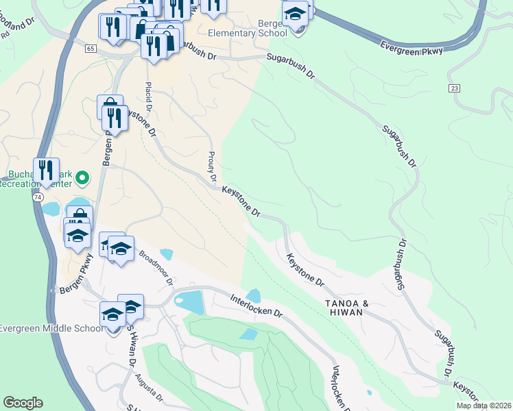 map of restaurants, bars, coffee shops, grocery stores, and more near 31024 Buttermilk Court in Evergreen