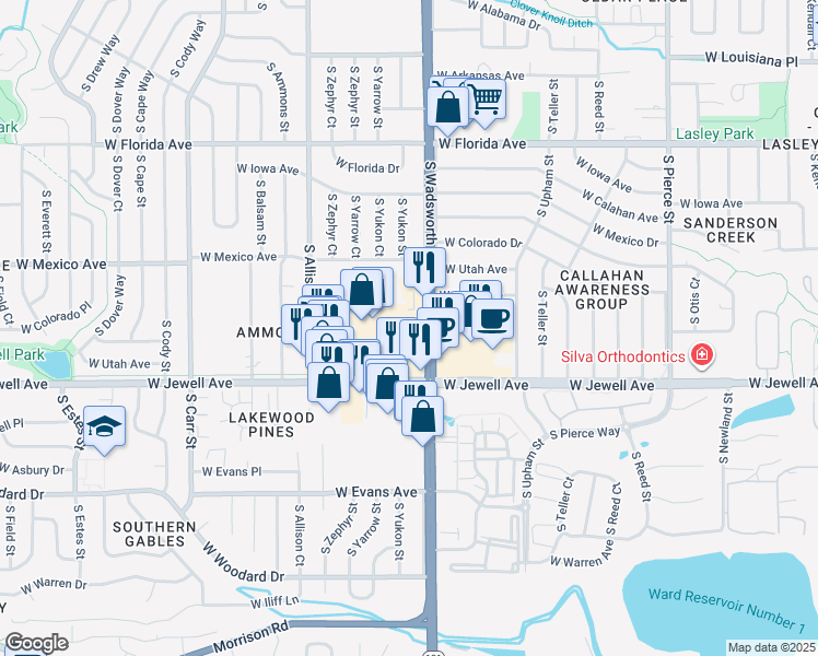 map of restaurants, bars, coffee shops, grocery stores, and more near 7677 W Jewell Ave in Lakewood