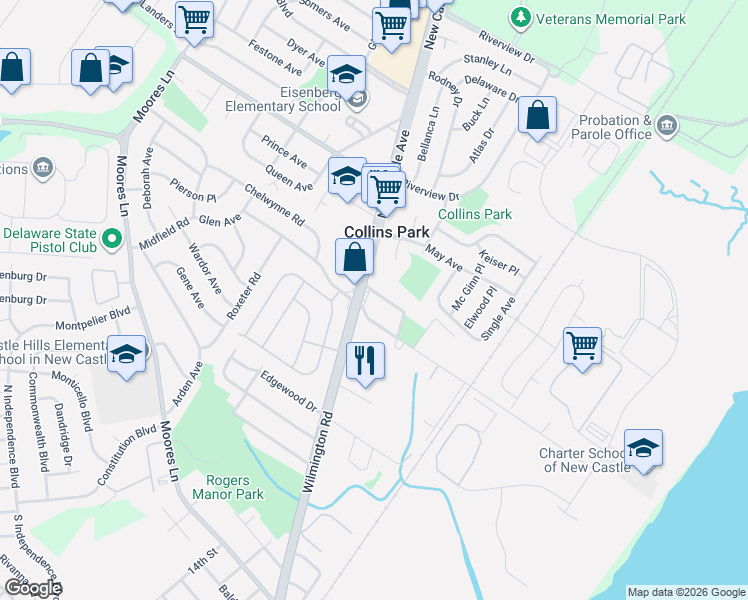 map of restaurants, bars, coffee shops, grocery stores, and more near 15 Arbutus Avenue in New Castle
