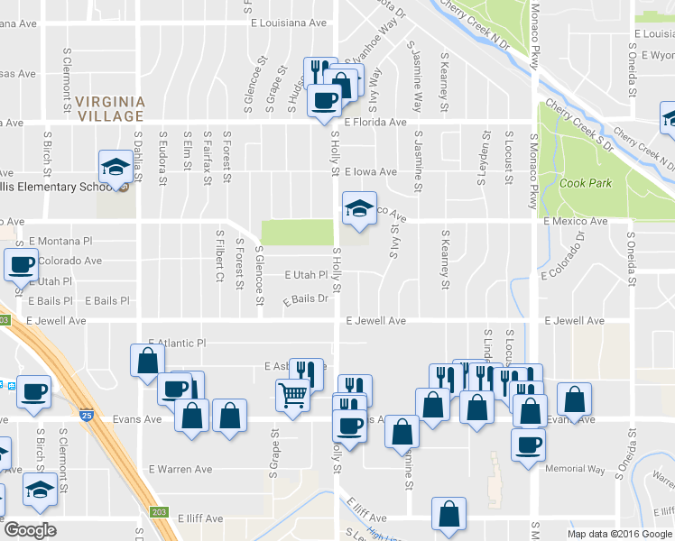 map of restaurants, bars, coffee shops, grocery stores, and more near S Holly St & E Colorado Ave in Denver