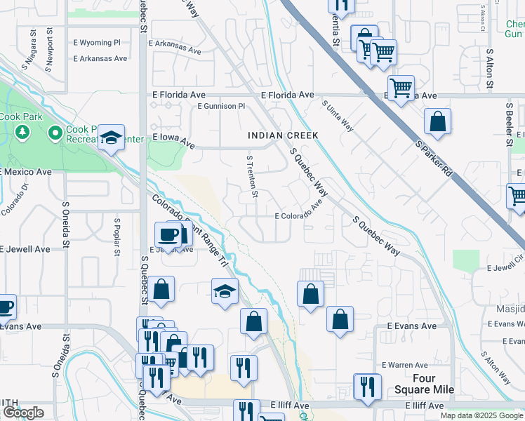 map of restaurants, bars, coffee shops, grocery stores, and more near 1782 South Trenton Street in Denver