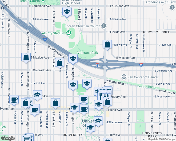map of restaurants, bars, coffee shops, grocery stores, and more near 2125 Buchtel Boulevard South in Denver