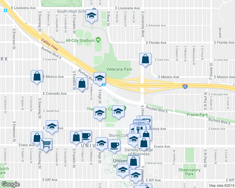 map of restaurants, bars, coffee shops, grocery stores, and more near 2125 Buchtel Boulevard South in Denver