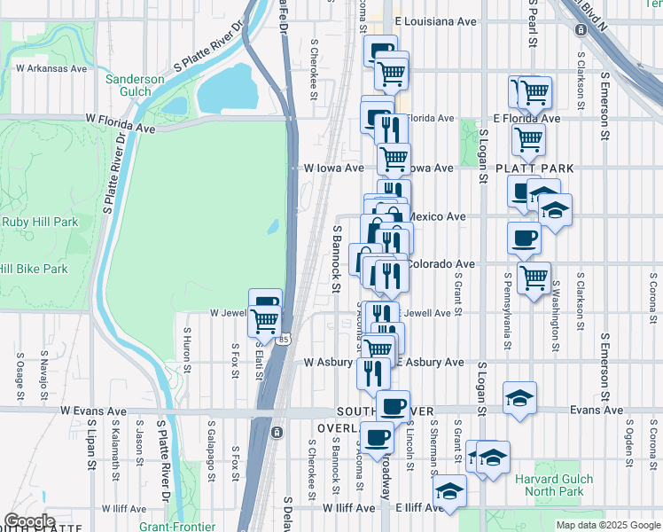 map of restaurants, bars, coffee shops, grocery stores, and more near 1790 West Colorado Avenue in Denver