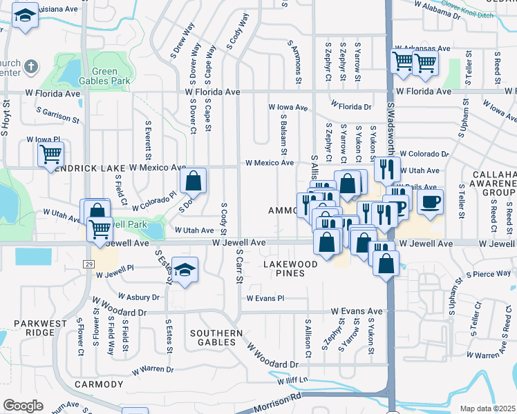 map of restaurants, bars, coffee shops, grocery stores, and more near 1805 South Balsam Street in Lakewood