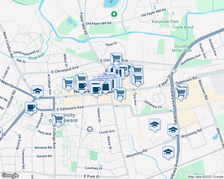 map of restaurants, bars, coffee shops, grocery stores, and more near 200 East Main Street in Newark
