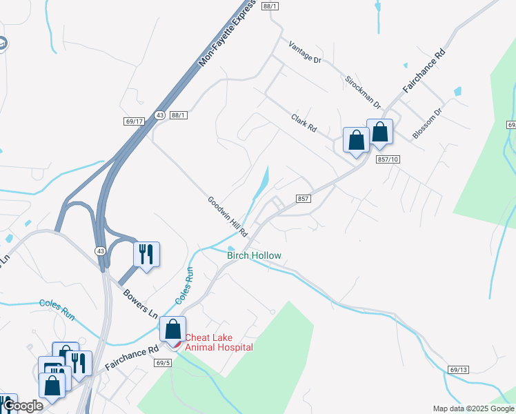 map of restaurants, bars, coffee shops, grocery stores, and more near 4004 Kathryn Drive in Morgantown