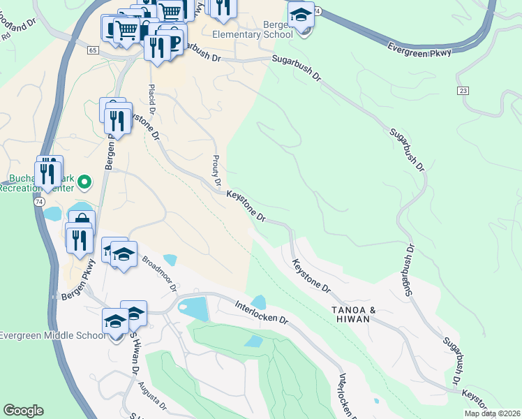 map of restaurants, bars, coffee shops, grocery stores, and more near 31024 Buttermilk Court in Evergreen