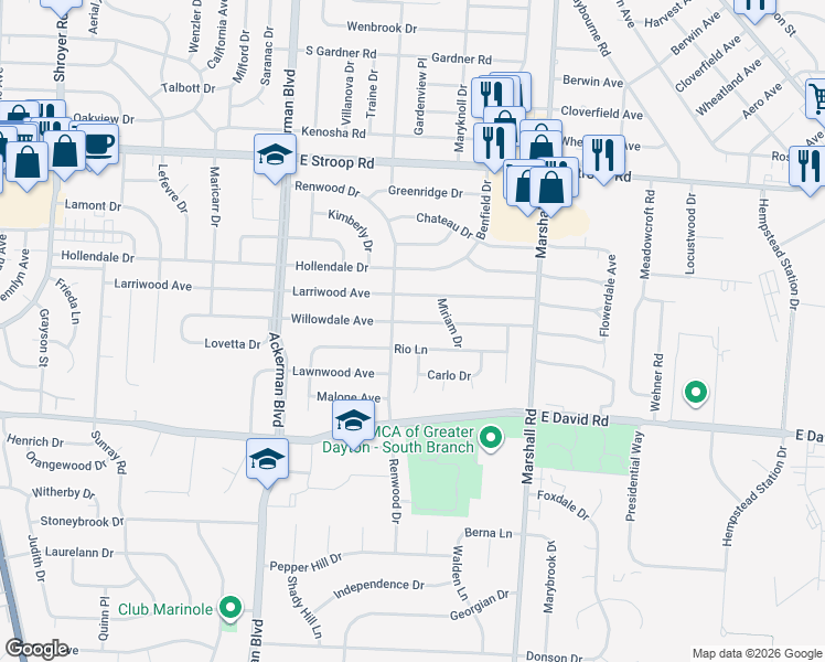 map of restaurants, bars, coffee shops, grocery stores, and more near 1004 Willowdale Avenue in Dayton