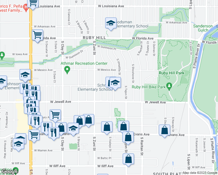 map of restaurants, bars, coffee shops, grocery stores, and more near 1810 S Wyandot St in Denver