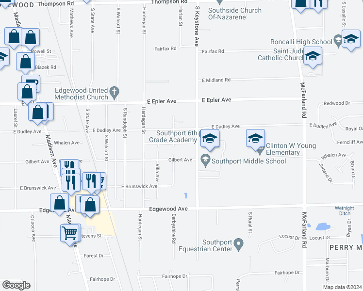map of restaurants, bars, coffee shops, grocery stores, and more near 2219 Whalen Avenue in Indianapolis