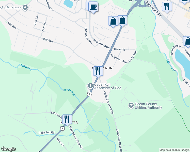 map of restaurants, bars, coffee shops, grocery stores, and more near 494 South Main Street in Stafford Township