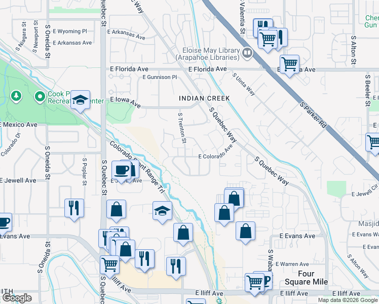 map of restaurants, bars, coffee shops, grocery stores, and more near 1782 South Trenton Street in Denver