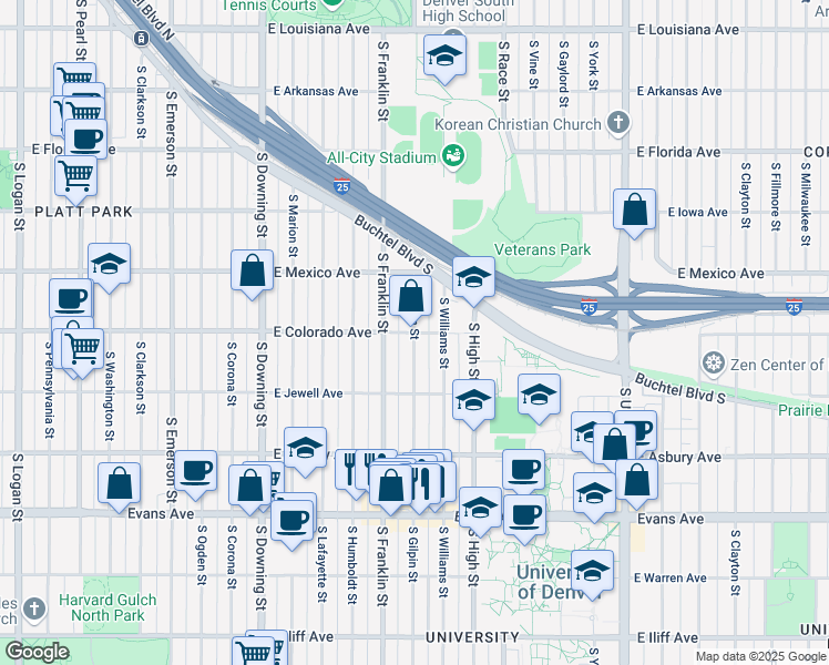 map of restaurants, bars, coffee shops, grocery stores, and more near South Gilpin Street in Denver