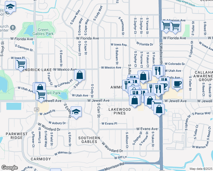 map of restaurants, bars, coffee shops, grocery stores, and more near 1805 South Balsam Street in Lakewood