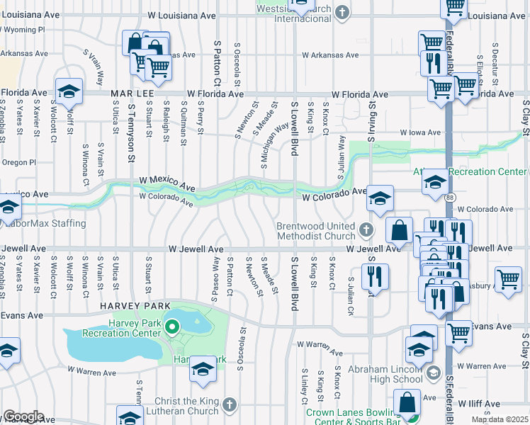 map of restaurants, bars, coffee shops, grocery stores, and more near 1825 South Michigan Way in Denver
