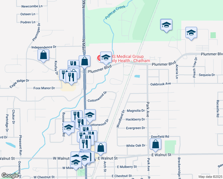 map of restaurants, bars, coffee shops, grocery stores, and more near 117 Cottonwood Drive in Chatham