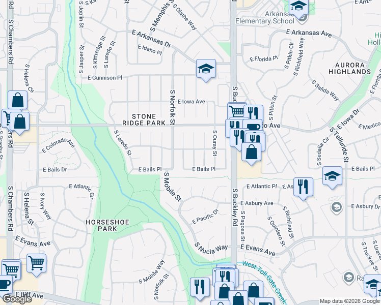 map of restaurants, bars, coffee shops, grocery stores, and more near 1805 South Nucla Street in Aurora