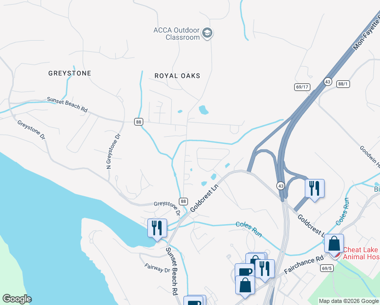 map of restaurants, bars, coffee shops, grocery stores, and more near 356 Sunset Beach Road in Morgantown