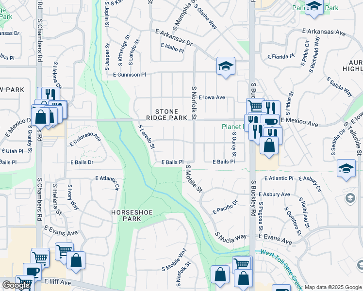 map of restaurants, bars, coffee shops, grocery stores, and more near 1819 South Mobile Street in Aurora