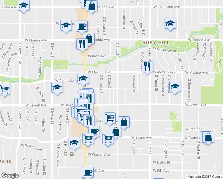 map of restaurants, bars, coffee shops, grocery stores, and more near 1800 South Dale Court in Denver