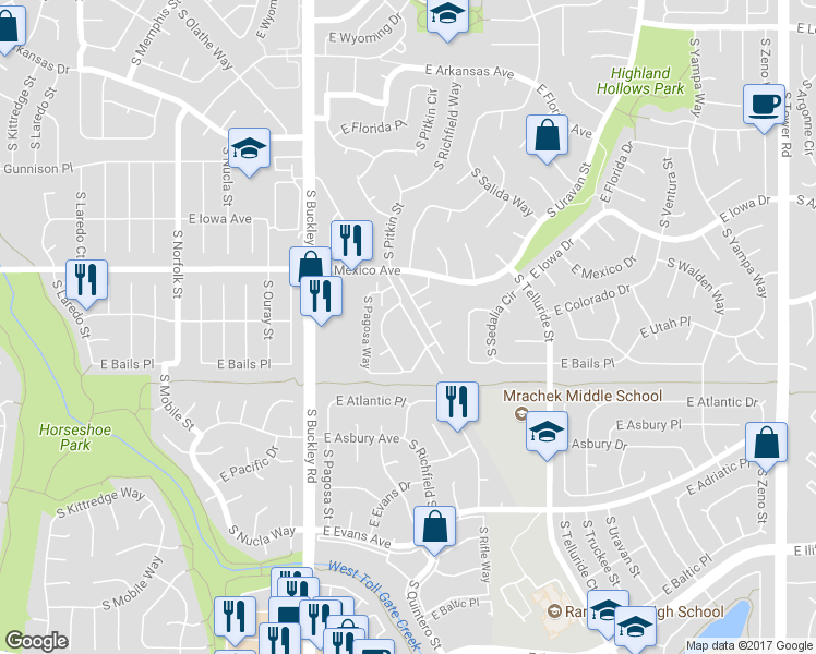 map of restaurants, bars, coffee shops, grocery stores, and more near 1775 South Pitkin Street in Aurora