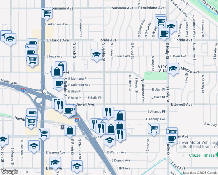 map of restaurants, bars, coffee shops, grocery stores, and more near 1811 South Eudora Street in Denver