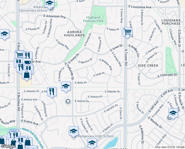 map of restaurants, bars, coffee shops, grocery stores, and more near 17943 East Utah Place in Aurora