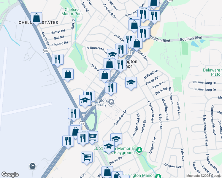 map of restaurants, bars, coffee shops, grocery stores, and more near 520 North Dupont Highway in Wilmington Manor