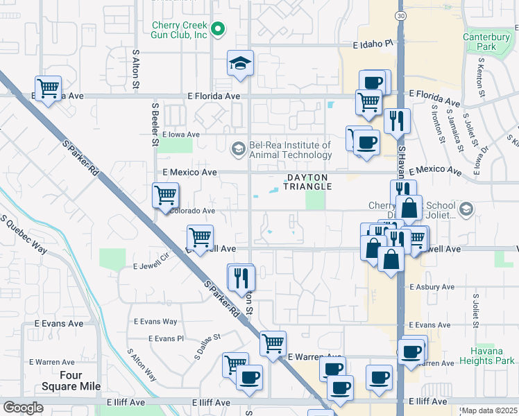 map of restaurants, bars, coffee shops, grocery stores, and more near 9767 East Colorado Avenue in Aurora