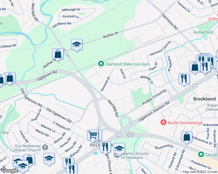 map of restaurants, bars, coffee shops, grocery stores, and more near 6 Acapella Court in Newark