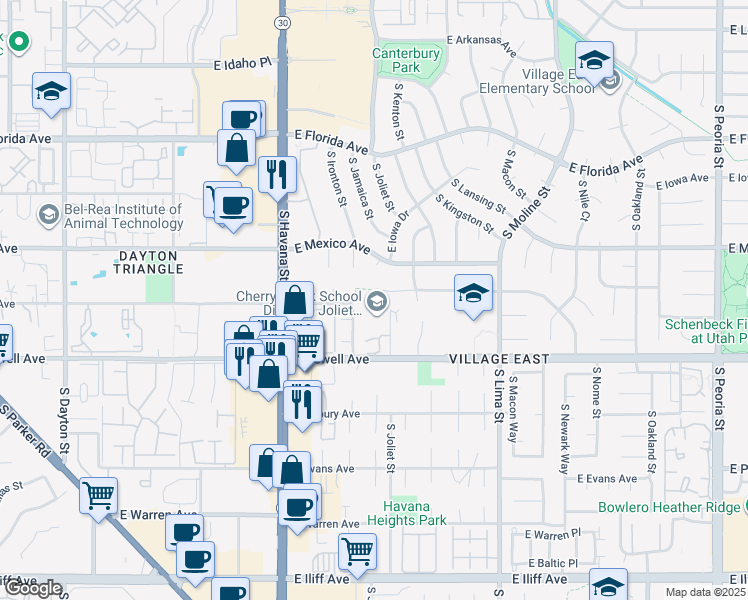 map of restaurants, bars, coffee shops, grocery stores, and more near 10826 East Colorado Drive in Aurora