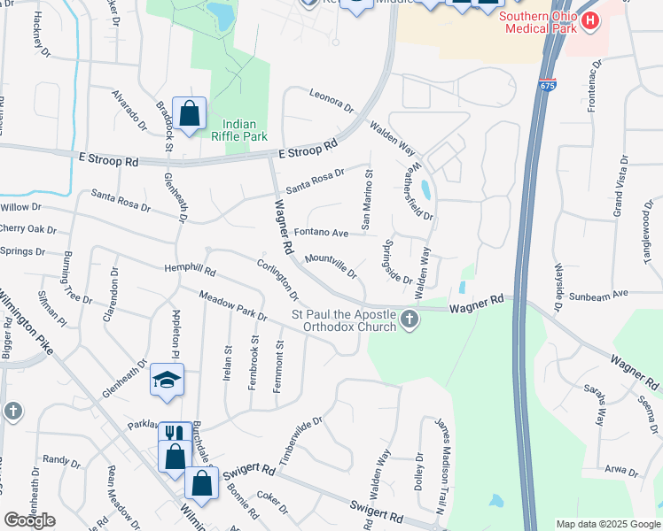 map of restaurants, bars, coffee shops, grocery stores, and more near 3058 Mountville Drive in Dayton