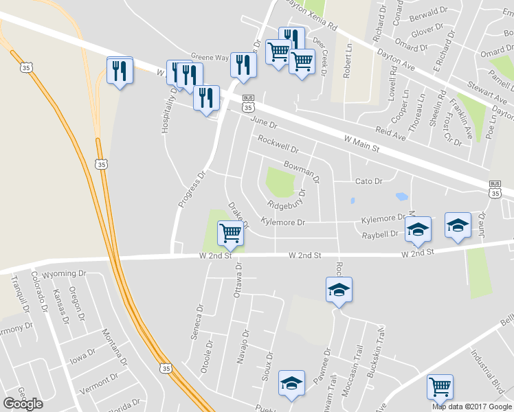 map of restaurants, bars, coffee shops, grocery stores, and more near 1828 Kylemore Drive in Xenia