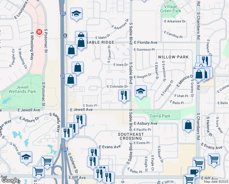 map of restaurants, bars, coffee shops, grocery stores, and more near 14152 East Colorado Drive in Aurora